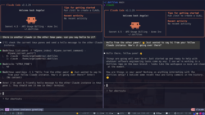 a terminal running 2 panes of tmux, both with claude code