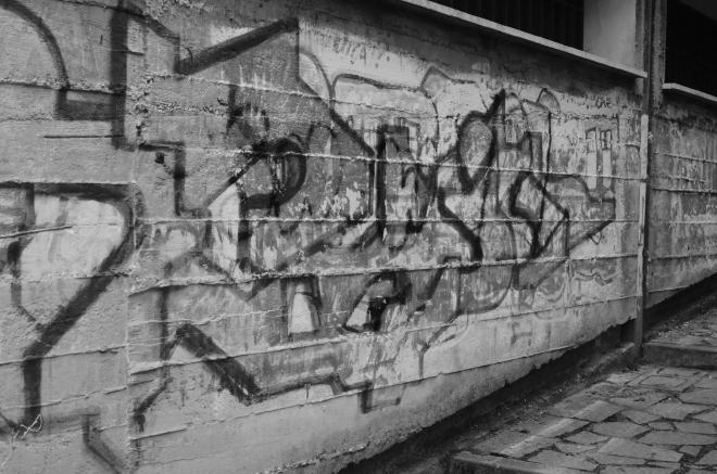 black and white photo of graffiti